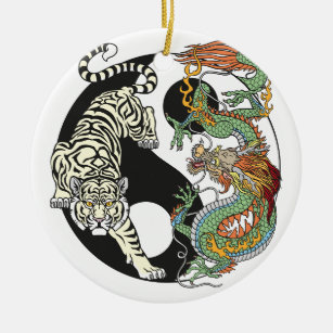 Weißer Tiger gegen grüner Drache im Yin-Yang Keramik Ornament