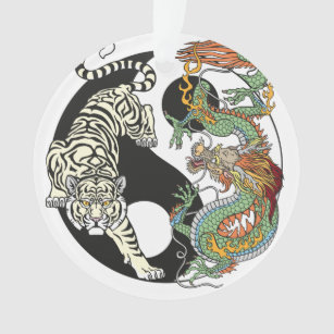 Weißer Tiger gegen grüner Drache im Yin-Yang Ornament