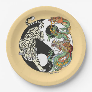 Weißer Tiger gegen grüner Drache im Yin Yang pa Pappteller