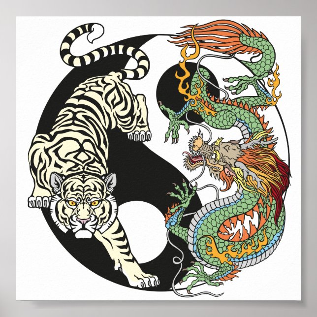 Weißer Tiger gegen grüner Drache im Yin Yang po Poster (Vorne)