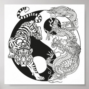 Weißer Tiger gegen grüner Drache im Yin Yang po Poster