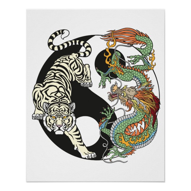 Weißer Tiger gegen grüner Drache im Yin Yang Poster (Vorderseite)