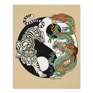 Weißer Tiger gegen grüner Drache im Yin Yang Poster
