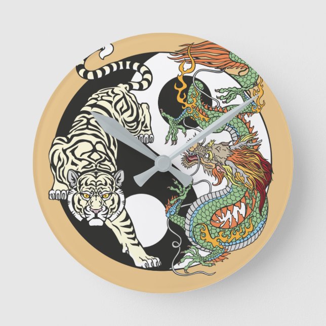 Weißer Tiger gegen grüner Drache im Yin Yang Runde Wanduhr (Vorderseite)