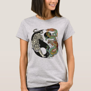 Weißer Tiger gegen grüner Drache im Yin-Yang-T- T-Shirt