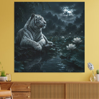 Weißer Tiger im mondbeschienenen Lotus Pond – Myst Leinwanddruck