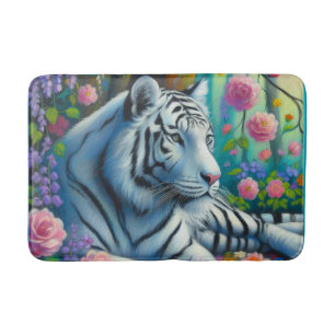 Weißer Tiger im Wald mit Aquamarinen rosa Blume Badematte