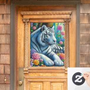 Weißer Tiger im Wald mit Aquamarinen rosa Blume Fensteraufkleber