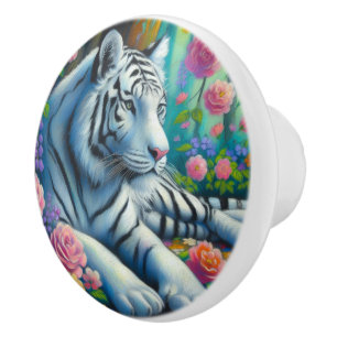 Weißer Tiger im Wald mit Aquamarinen rosa Blume Keramikknauf