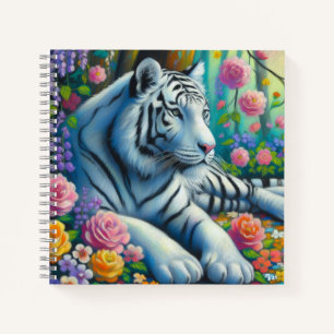 Weißer Tiger im Wald mit Aquamarinen rosa Blume Notizbuch