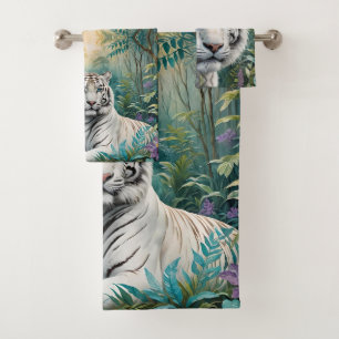 Weißer Tiger in einem blauen grünen Dschungel Badhandtuch Set