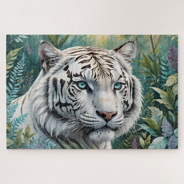 Weißer Tiger in einem blauen grünen Dschungel Puzzle (Horizontal)