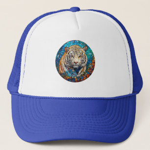 Weißer Tiger in einem lebendigen kreisförmigen Des Truckerkappe