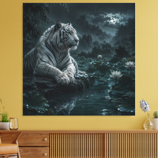 Weißer Tiger in einem regnerischen Lotus-Teich – M Leinwanddruck