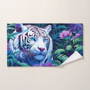 Weißer Tiger in violetten Blumen Badhandtuch Set