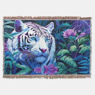 Weißer Tiger in violetten Blumen Decke