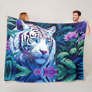 Weißer Tiger in violetten Blumen Fleecedecke