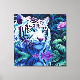 Weißer Tiger in violetten Blumen Leinwanddruck