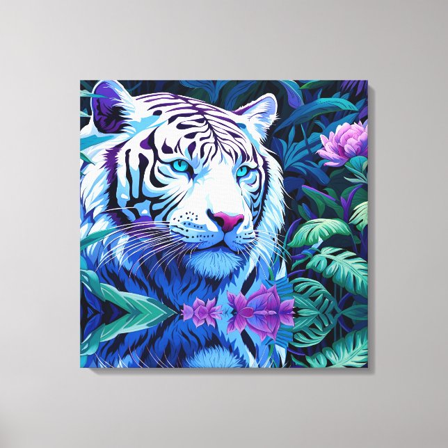 Weißer Tiger in violetten Blumen Leinwanddruck (Vorderseite)