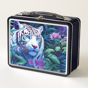 Weißer Tiger in violetten Blumen Metall Brotdose