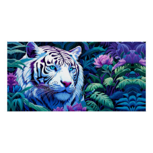 Weißer Tiger in violetten Blumen Poster