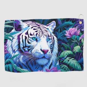 Weißer Tiger in violetten Blumen Reflexion Golfhandtuch