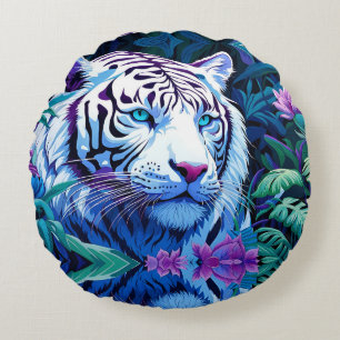 Weißer Tiger in violetten Blumen Rundes Kissen