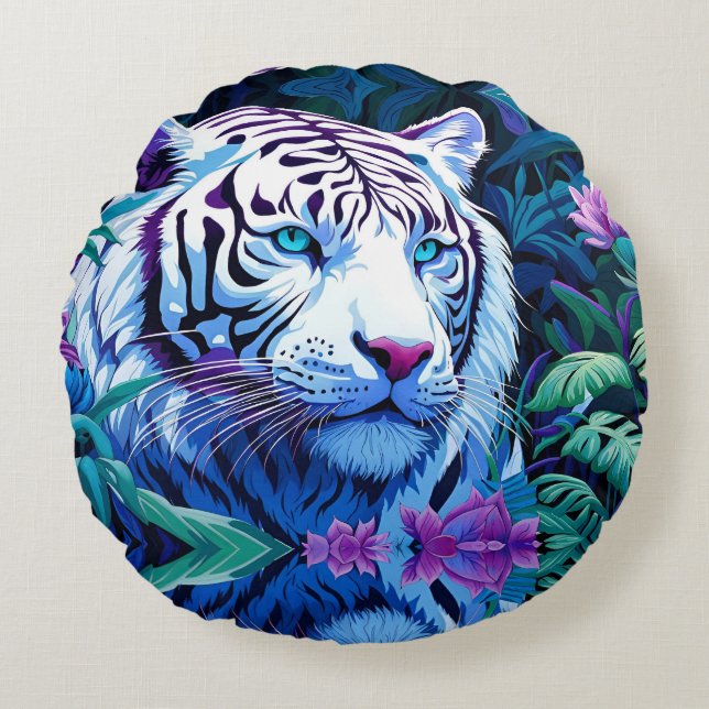 Weißer Tiger in violetten Blumen Rundes Kissen (Vorderseite)