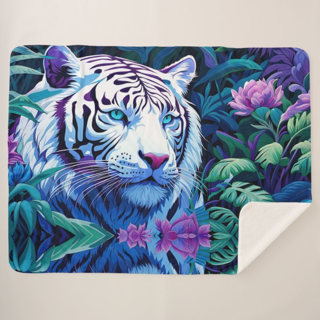 Weißer Tiger in violetten Blumen Sherpadecke (Vorderseite (Horizontal))