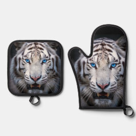 Weißer Tiger mit blauen Augen Ofenhandschuh & Topflappen-Set