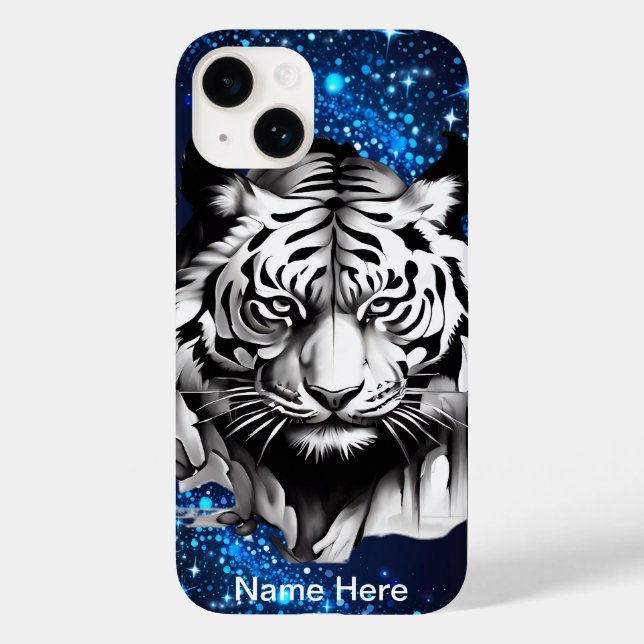 Weißer Tiger mit blauen Glitzern Case-Mate iPhone Hülle (Rückseite)