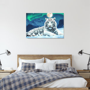 Weißer Tiger mit Niedlichen Kneipen, gesteppte Lei Leinwanddruck