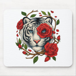 Weißer Tiger mit Rote Rosen - Fettflora Mousepad