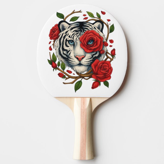 Weißer Tiger mit Rote Rosen - Fettflora Tischtennis Schläger (Vorderseite)