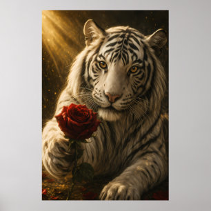 Weißer Tiger mit roter Rose unter Mondlicht – Roma Poster