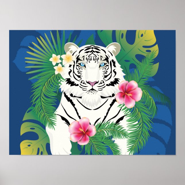 Weißer Tiger mit tropischen Blätter Poster (Vorne)