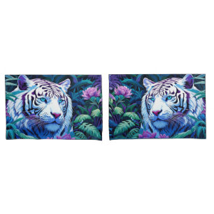 Weißer Tiger mit violetten Blumen Pillowcase Kissenbezug
