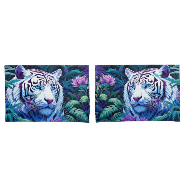 Weißer Tiger mit violetten Blumen Pillowcase Kissenbezug (Vorderseite-Set)