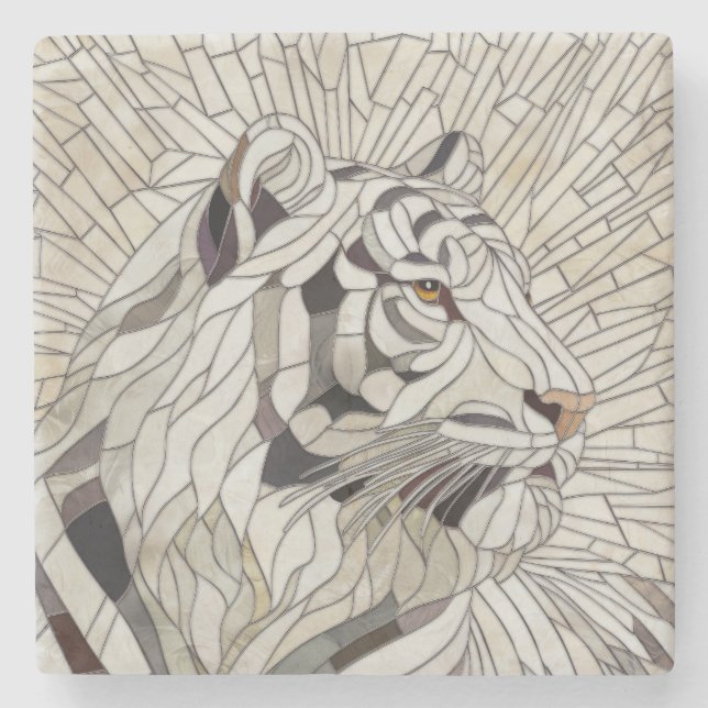 Weißer Tiger - Mosaikkunst aus Glas Steinuntersetzer (Vorderseite)