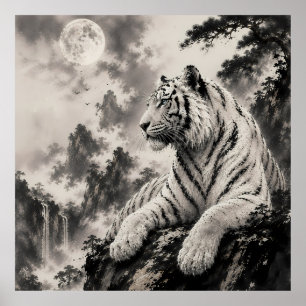 Weißer Tiger ruht auf Klippe   Traditionelle Tinte Poster