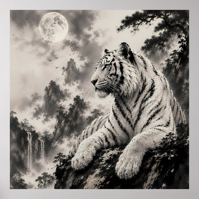 Weißer Tiger ruht auf Klippe | Traditionelle Tinte Poster (Vorne)