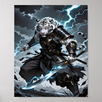 Weißer Tiger Samurai Krieger Blaue Blitze Fantasy