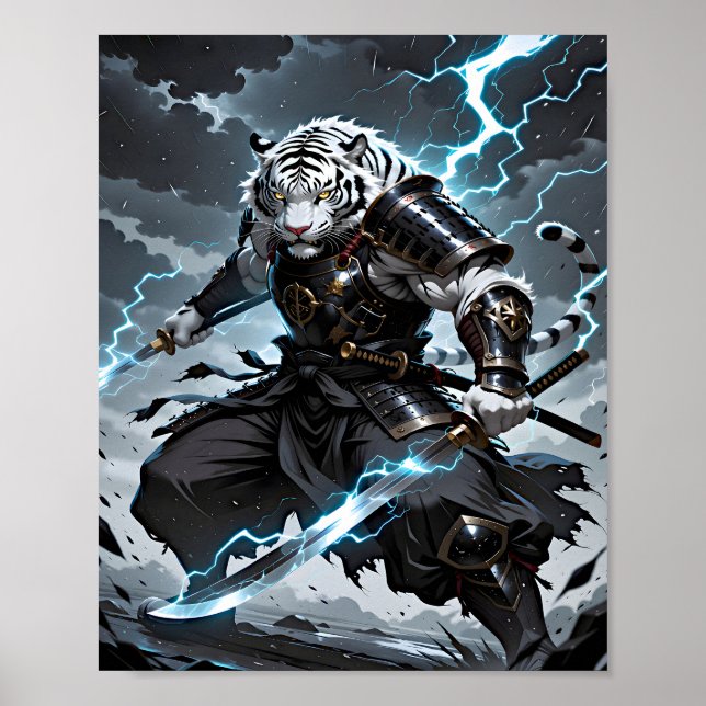 Weißer Tiger Samurai Krieger Blaue Blitze Fantasy Poster (Vorne)