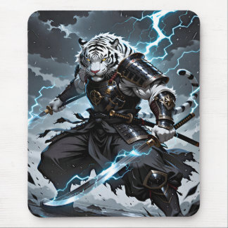 Weißer Tiger Samurai Krieger Blaue Blitze Gaming Mousepad