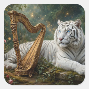 Weißer Tiger und goldene Harfe Quadratischer Aufkleber