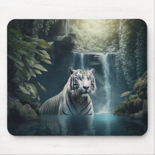 "Weißer Tiger und Wasserfälle" Mousepad