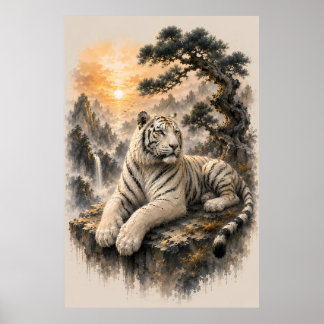 Weißer Tiger unter alter Kiefer | Chinesische Tint Poster