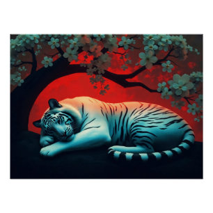 Weißer Tiger unter blühendem Baum Poster
