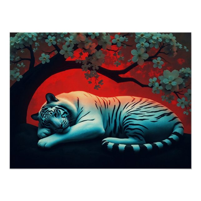Weißer Tiger unter blühendem Baum Poster (Vorderseite)
