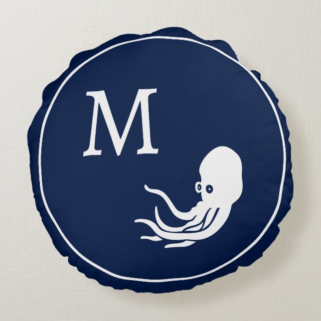 Weißer Tintenfisch der Navy Rundes Kissen (Rückseite)